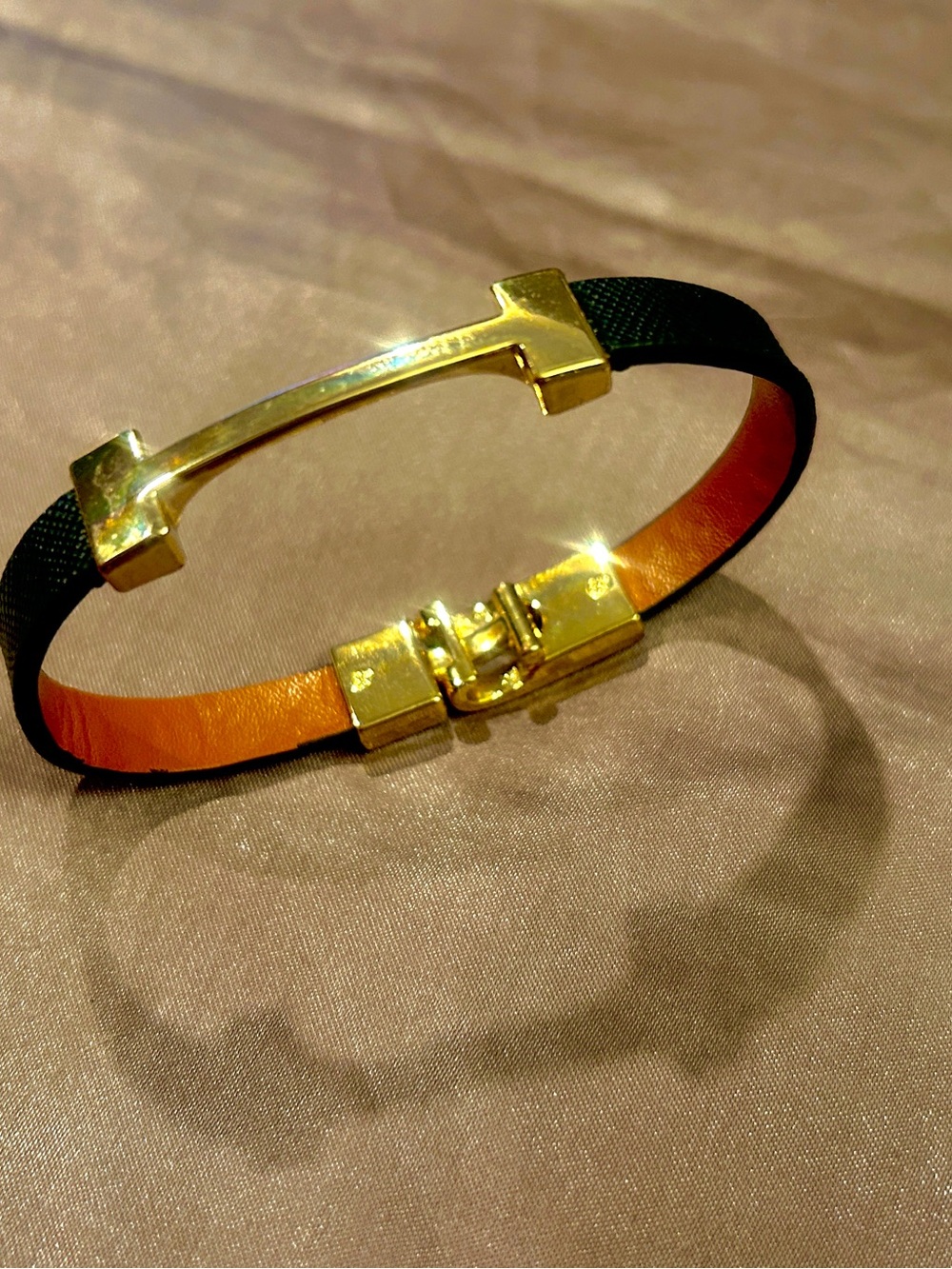 Gold H Bar faux Black Leather Bracelet